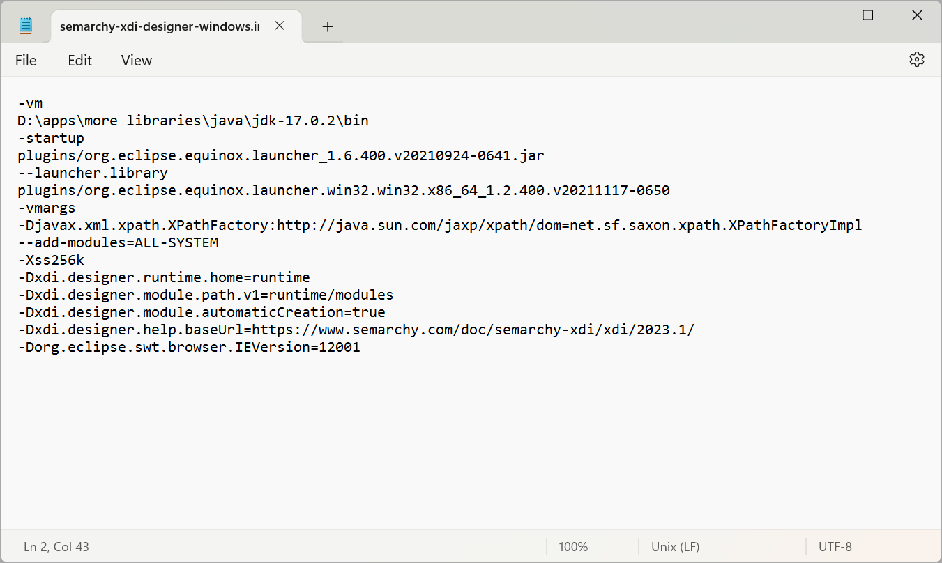 Semarchy xDI INI file with a specific JVM path