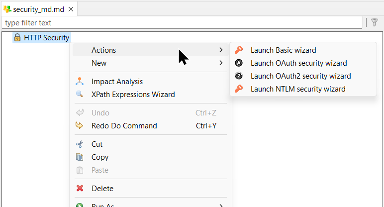HTTP Security metadata submenu labeled Actions