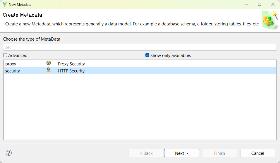 Creation wizard showing HTTP Security metadata type