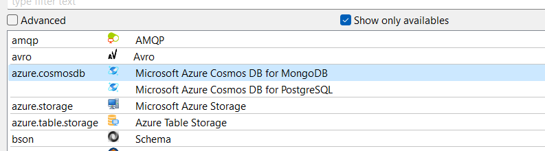 Overview of available Cosmos DB APIs in the metadata creation wizard