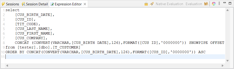 Source query example with offset column for later use with the Snowpipe Streaming action