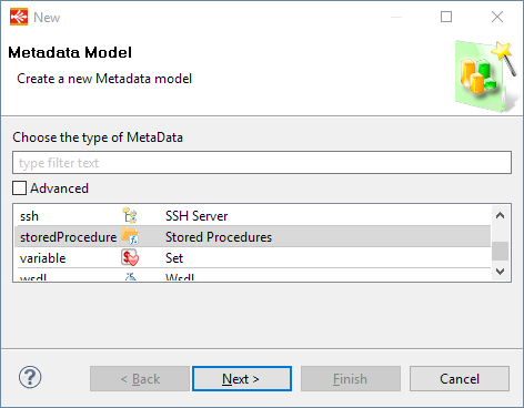 Screenshot of New Metadata wizard with the Stored Procedure option selected
