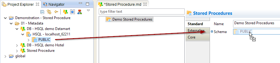 Screenshot of dragging and dropping a database schema to the store procedure metadata fields