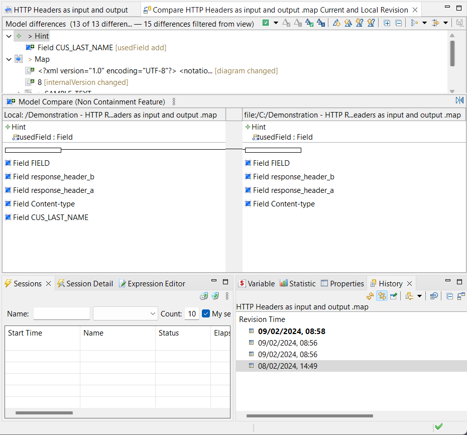 Screenshot of a graphical EMF Compare tab in xDI Designer