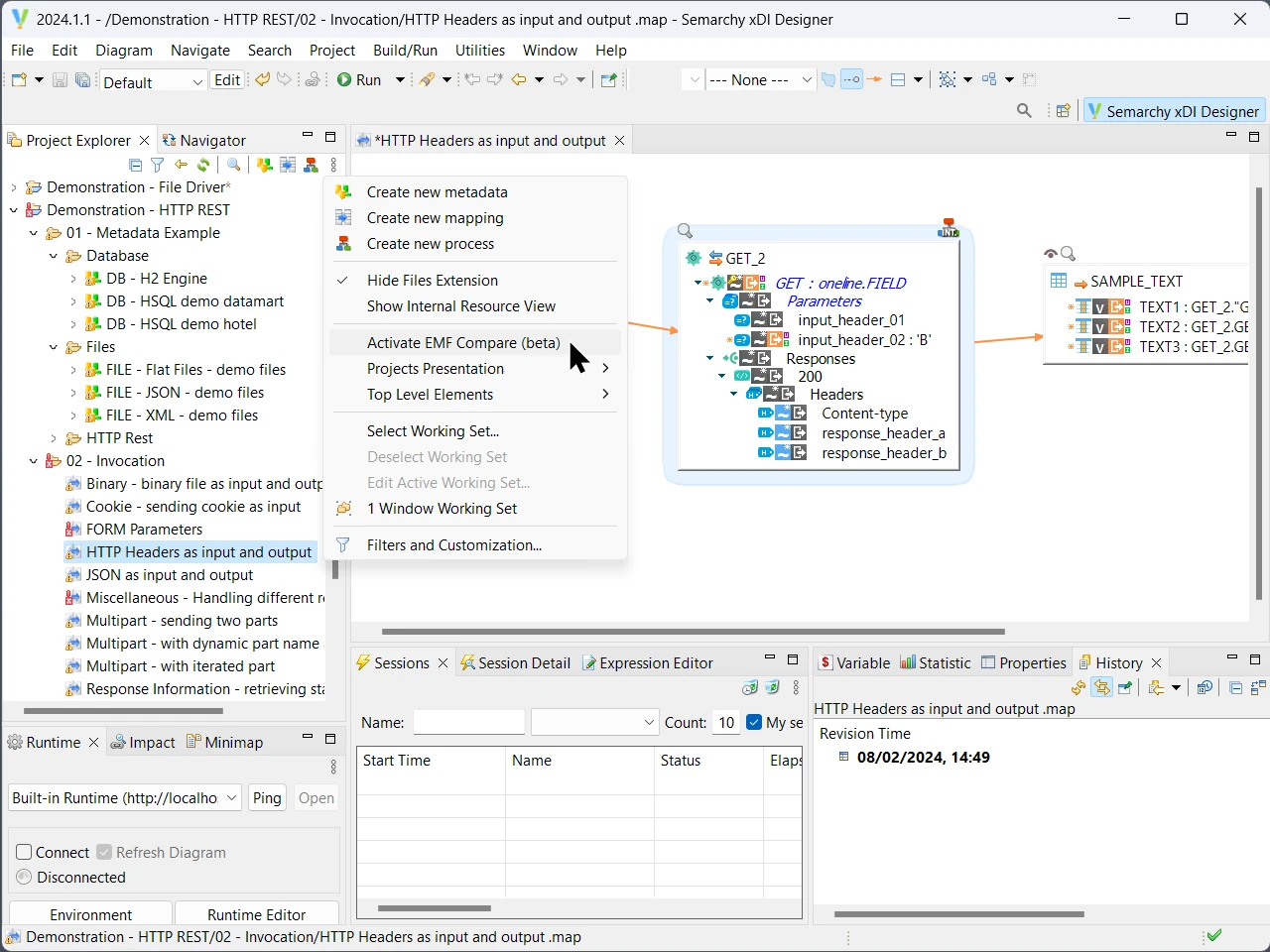 Screenshot of xDI Designer with an open mapping and the Project Explorer context menu open