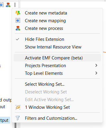 Screenshot of Project Explorer context menu with EMF compare