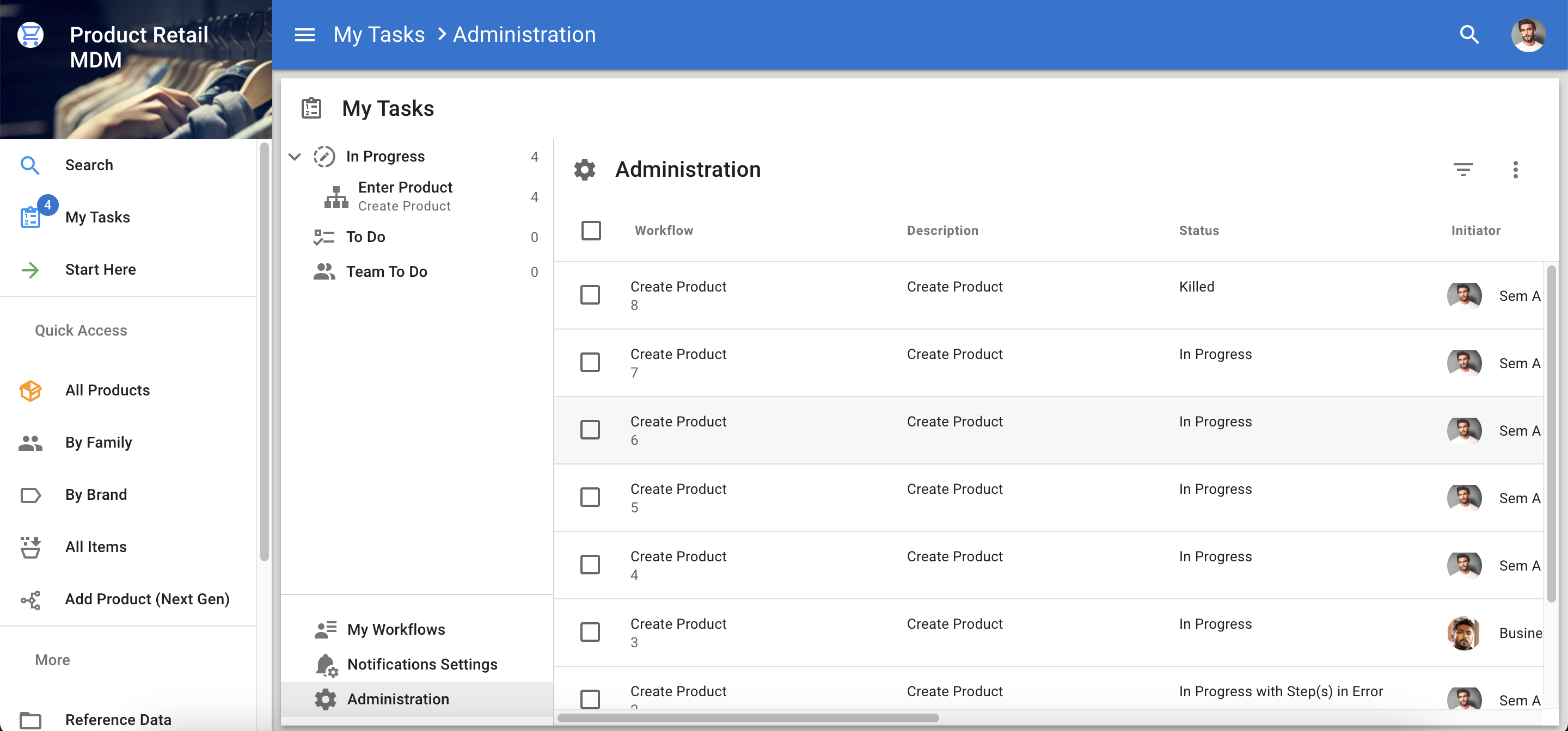 Workflow instance list in Administration section