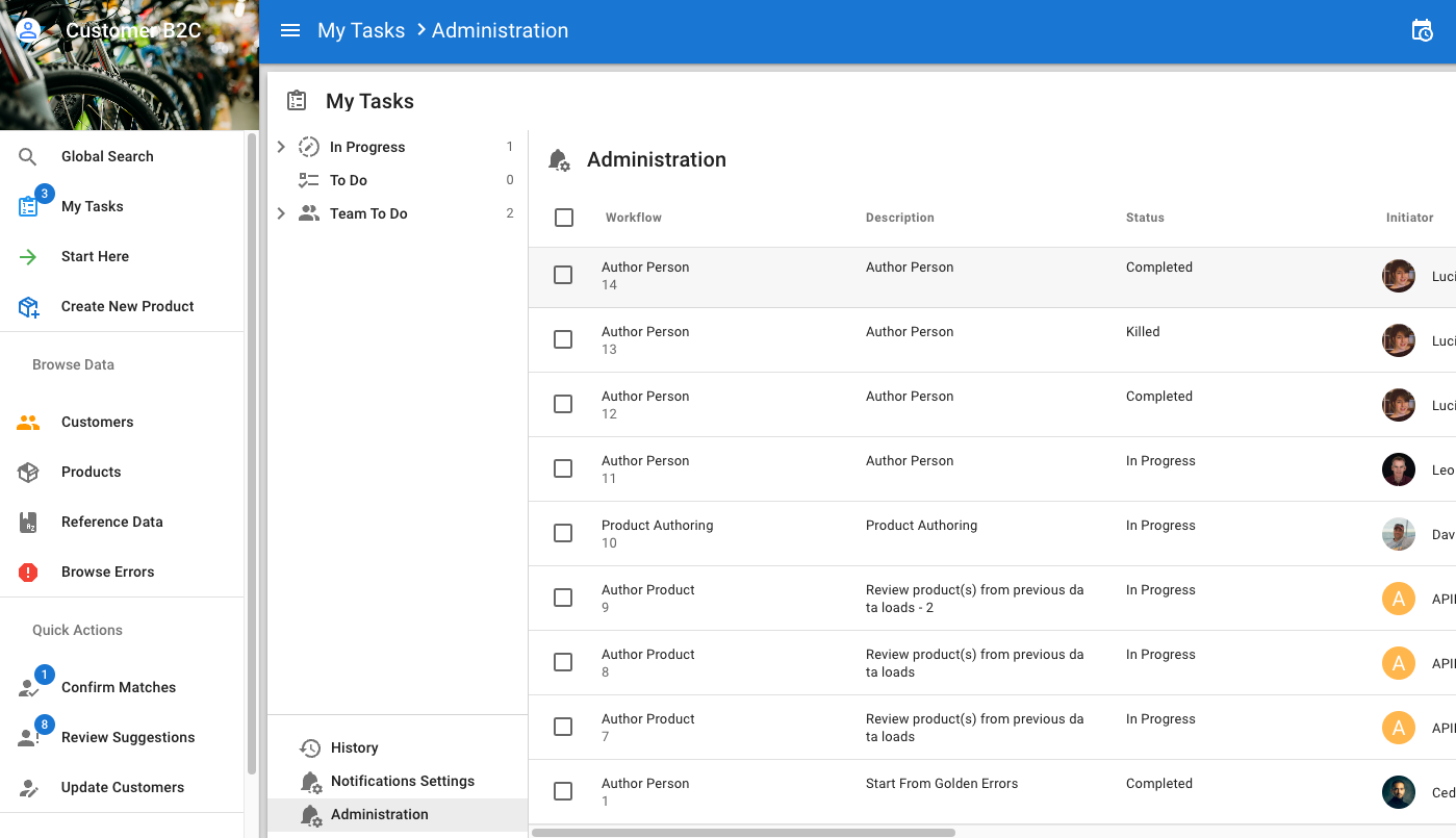 Workflow instance list in Administration section