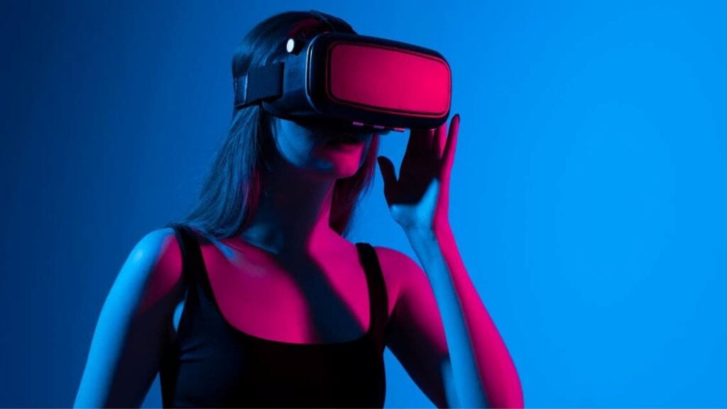 smile happy woman getting experience using vr headset glasses